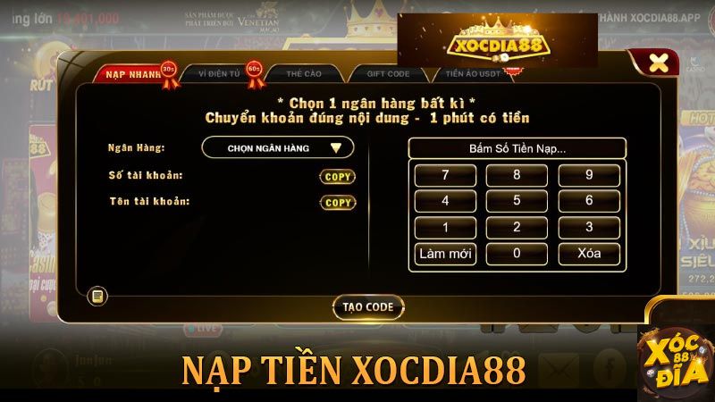 Nạp tiền Xocdia88 dễ dàng